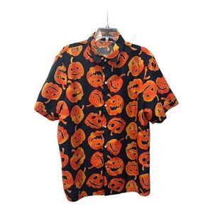 Halloween Button Up Short Sleeve Shirt Men's L Novelty Jack-O-Lantern Pumpkin